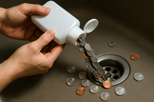 Money being poured down the drain from a plastic bottle