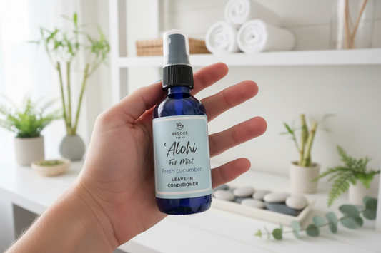 Hand holding a bottle of 'Alohi Fur Mist' leave-in conditioner with a blurred background